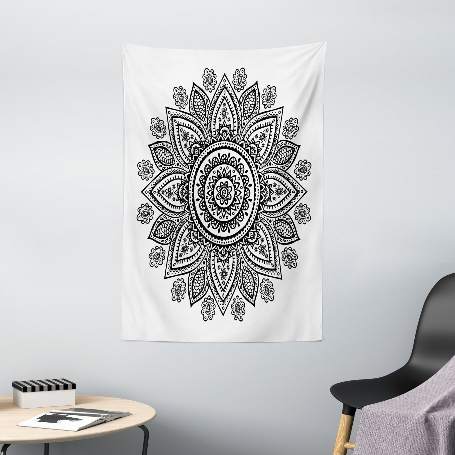Henna Tapestry, Sunflower Pattern in Doodle Style with Geometrical