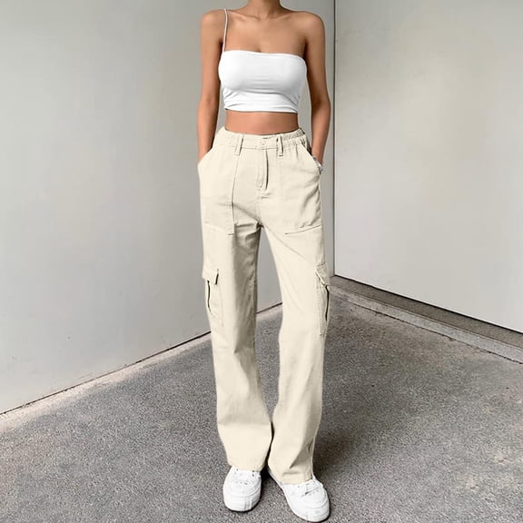 Women's Lightweight Cargo Pants High Waisted Straight Leg Outdoor Utility Trousers Beige 2XL