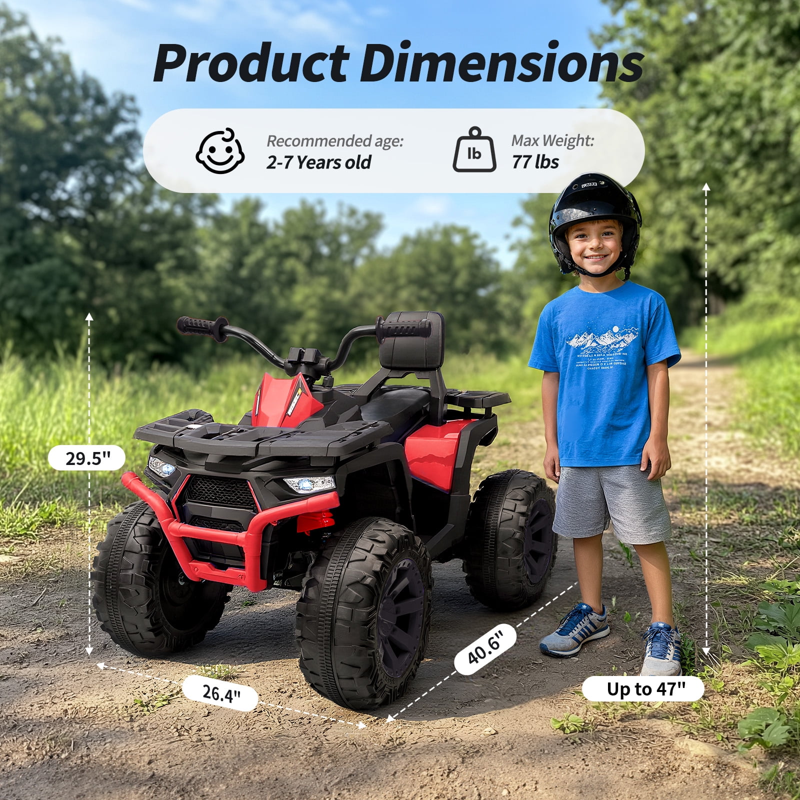 Hikiddo 24V Ride on Toys, Kids ATV 4-Wheeler for Big Kids with 2 Seater, 400W Motor, Bluetooth - Red