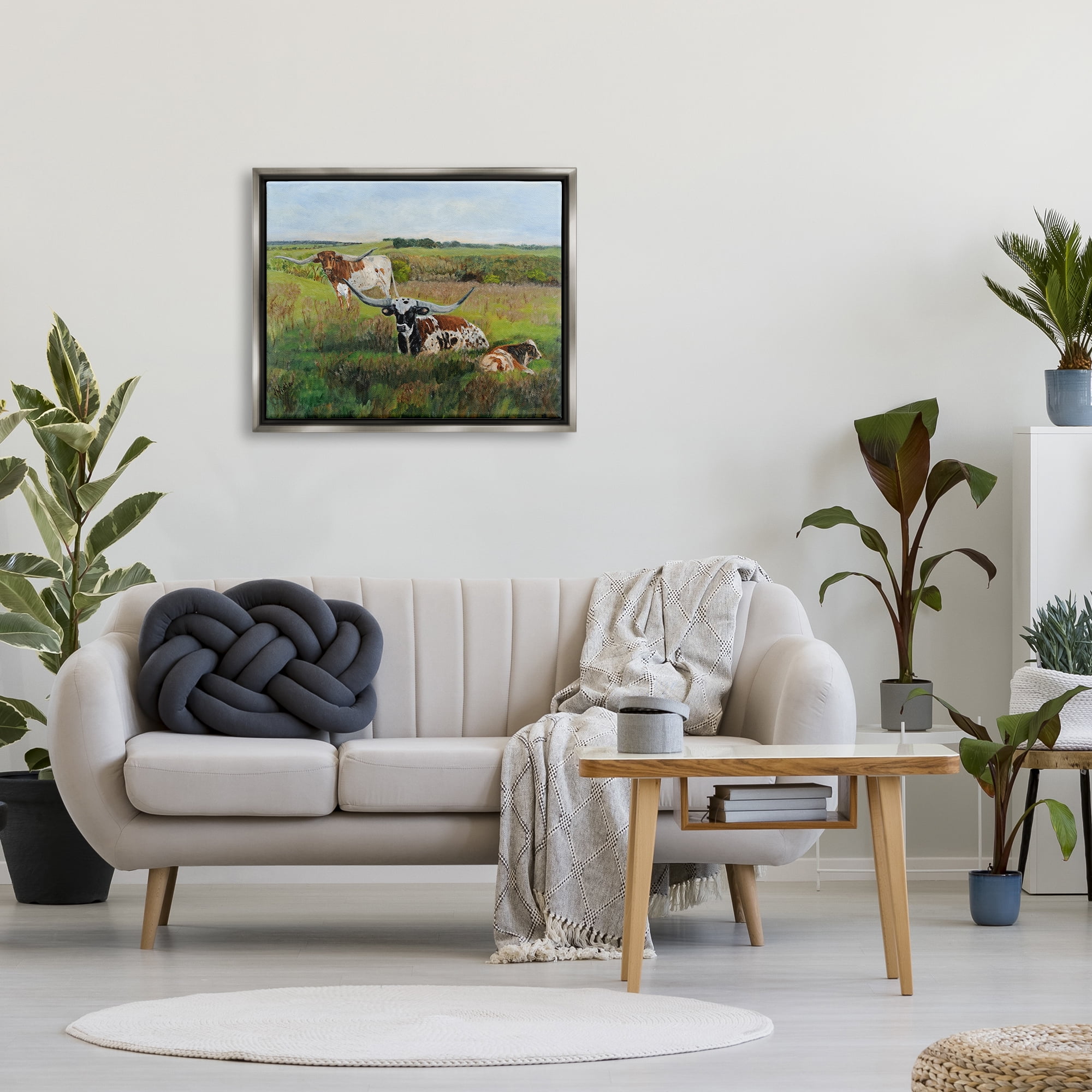 Stupell Country Pasture Longhorn Cattle Animals & Insects Painting Gray Floater Framed Art Print Wall Art