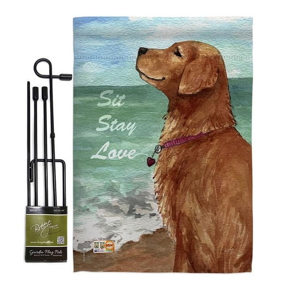 Breeze Decor BD-PT-GS-110084-IP-BO-D-US16-AL 13 x 18.5 in. Golden Stay Love Nature Pets Vertical Double Sided Mini Garden Flag Set with Banner Pole
