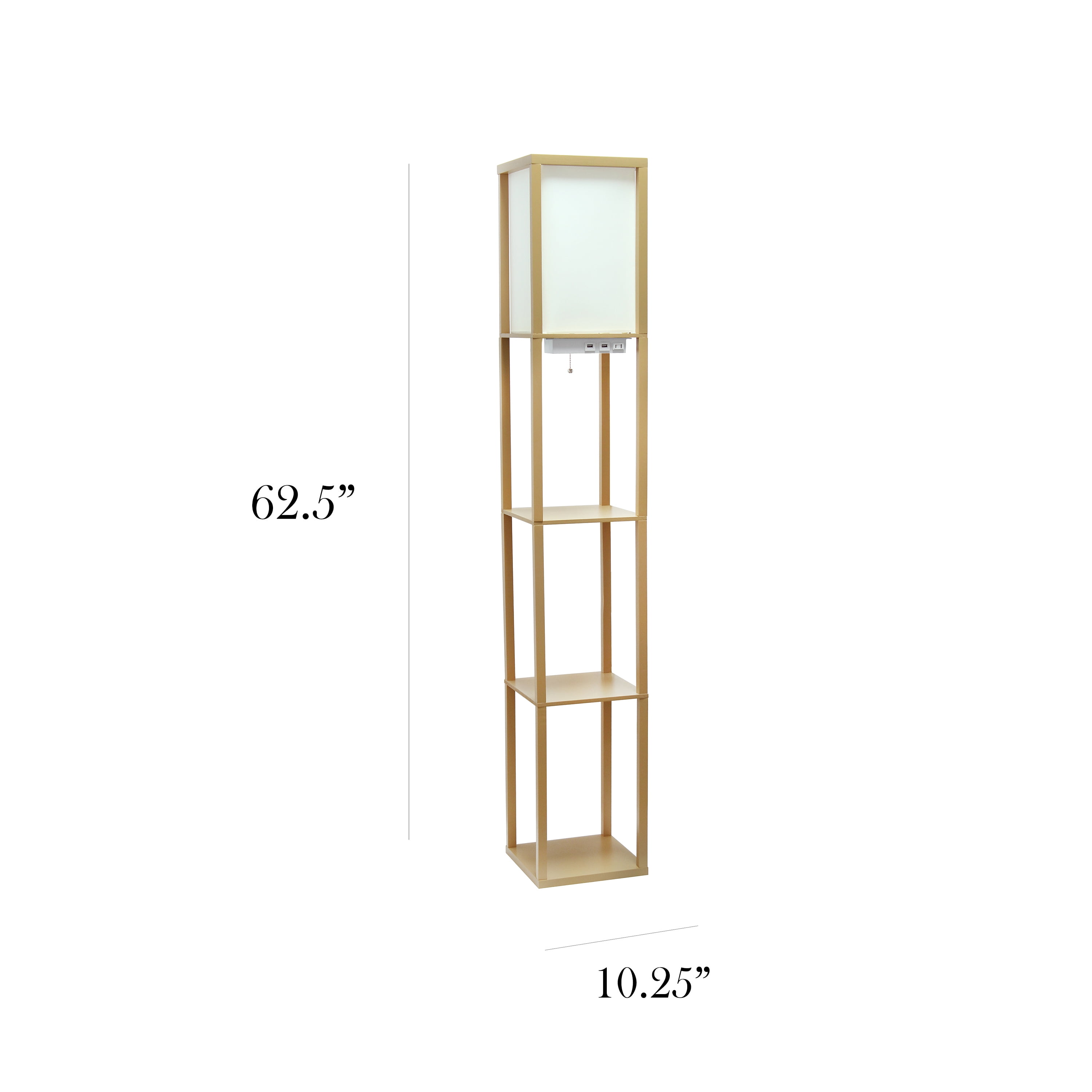 Simple Designs 62.5" 3-Shelf Etagere Floor Lamp with USB, Outlet & LED Bulb, Tan