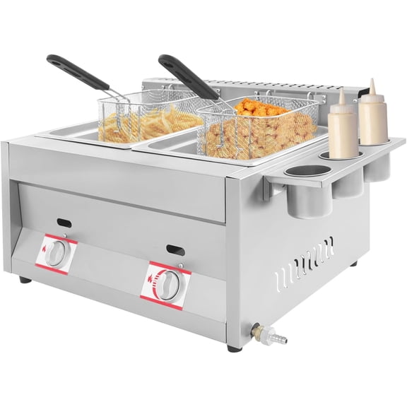 Commercial Countertop Gas Fryer Deep Fryer 122?-716?,Stainless Steel Deep Fryer with 2 Basket  LPG for , Restaurants,