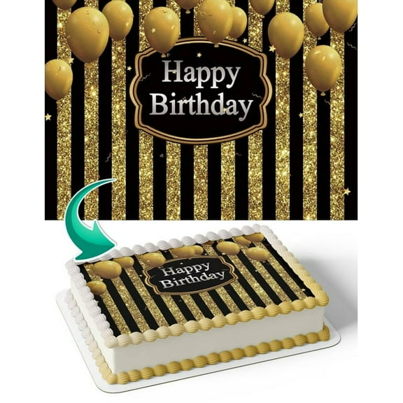 SugarMeLicious Gold Balloons Edible Cake Topper: Personalized 1/4 Sheet Birthday Cake Banner for Elegant Parties and Milestone Celebrations