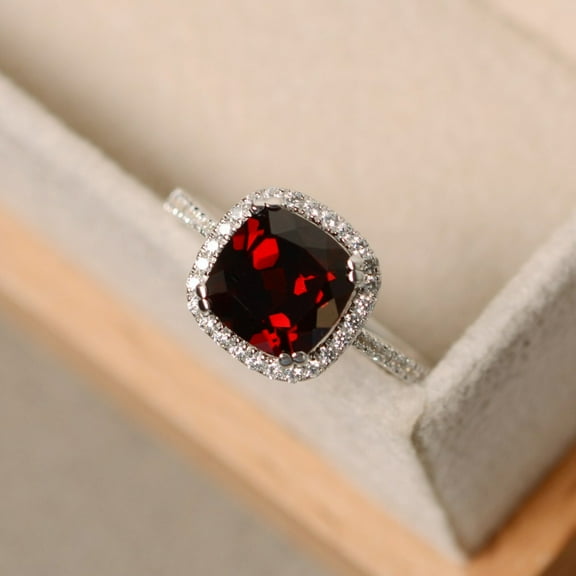 Garnet ring, cushion cut engagement ring, sterling silver, January birthstone, natural garnet