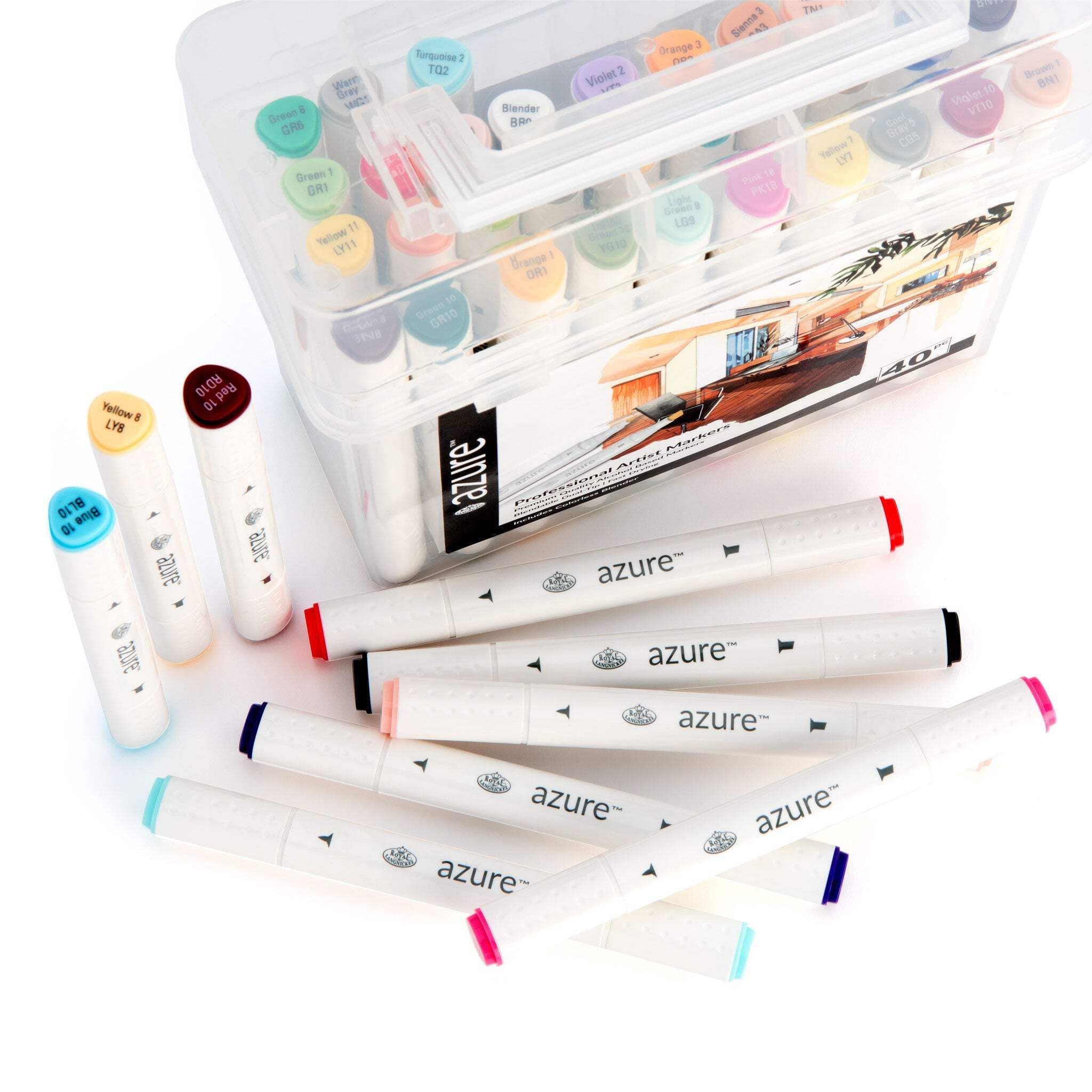 Royal & Langnickel Azure Alcohol Markers, with Case,  Fine and Broad Chisel, Assorted Colors, 40 Count