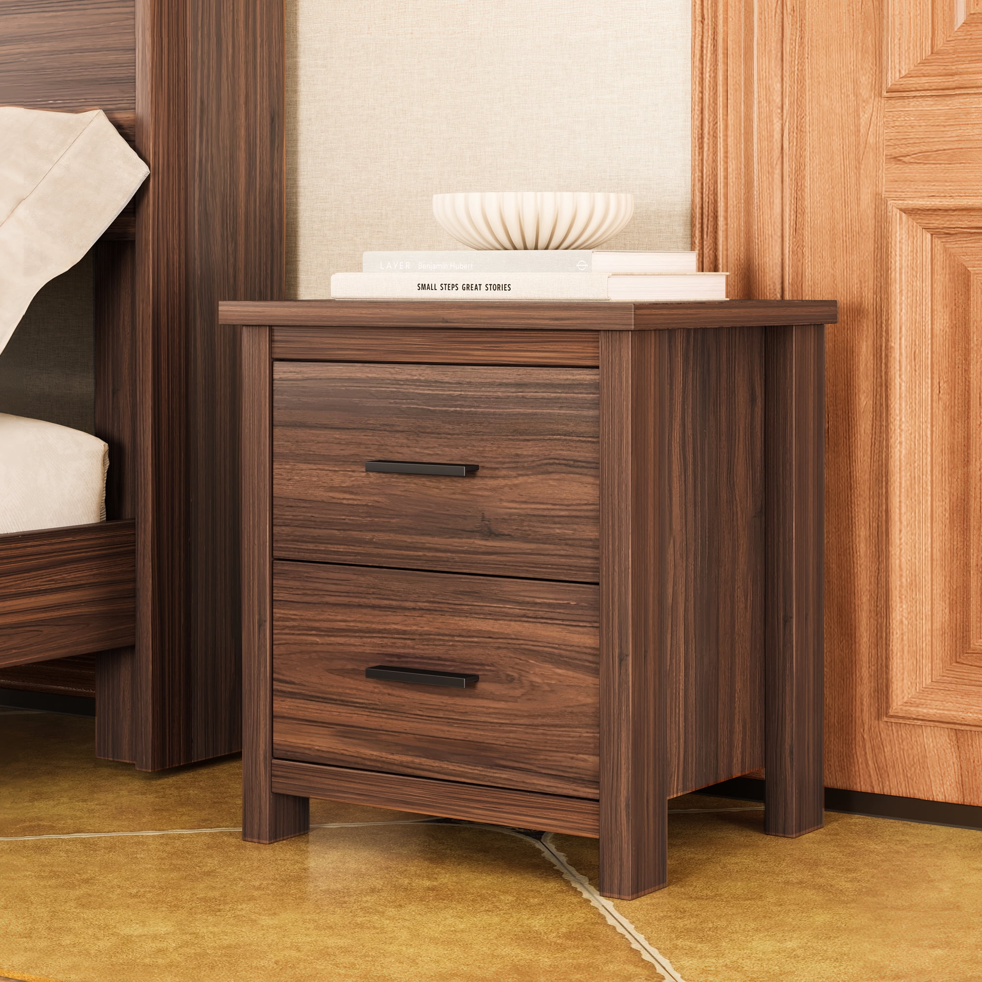 Mintazer 4 Piece Farmhouse Bedroom Set with 2 Nightstand & 5 Drawers Dresser, Queen Size Platform Bed Frame with Storage Headboard & Charging Station for Bedroom, Walnut