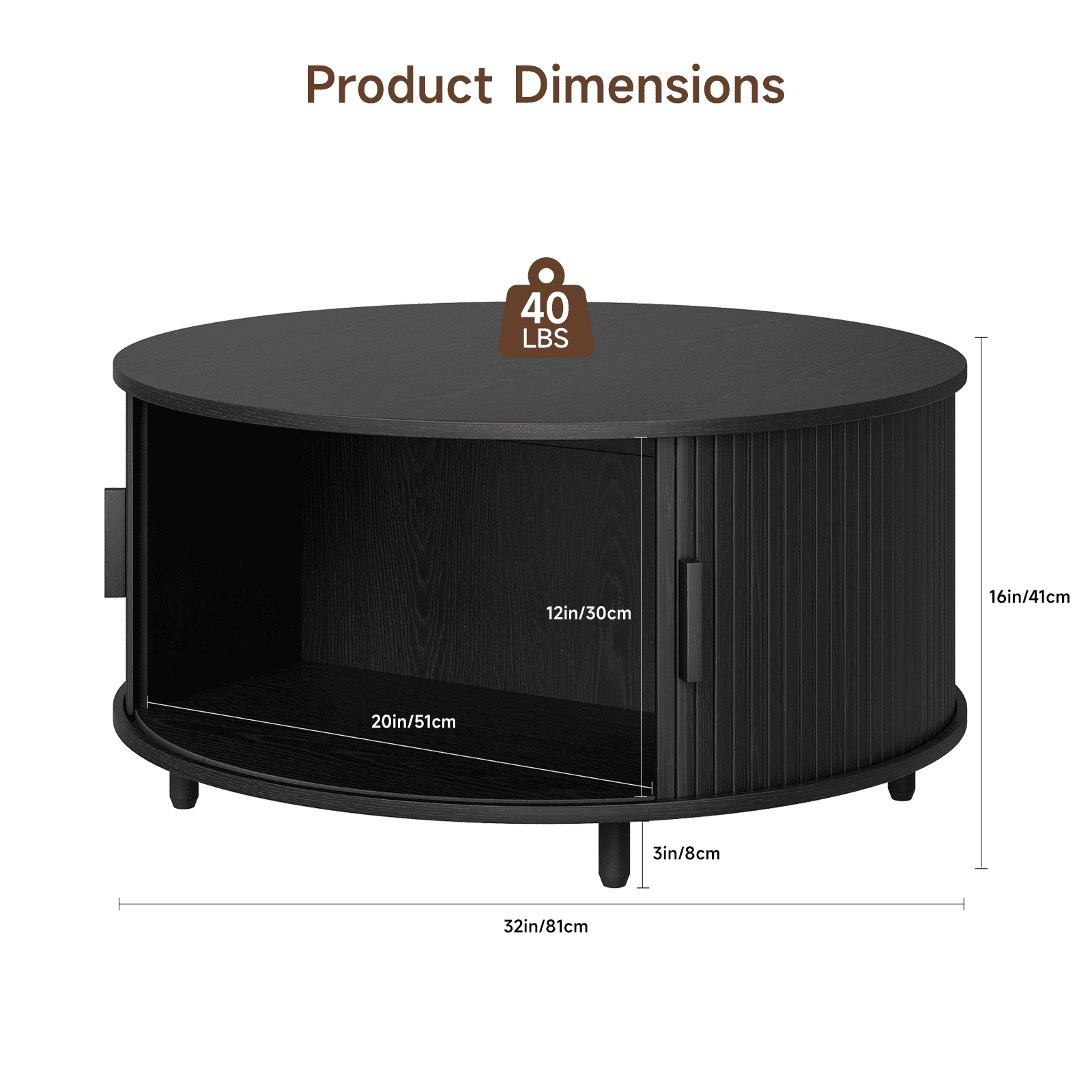 ROGALIS 31.5" Round Coffee Table with Storage, Modern Coffee Table with 360° Curved Sliding Door, Fluted Wood Coffee Table with Adjustable Footpads for Living Room, Black