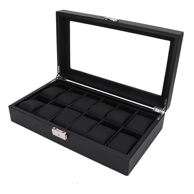 Caja De Cuero Para Reloj Con 12 Ranuras, Vitrina Organizadora, Almacenamiento De Joyería De Alta , Color Negro