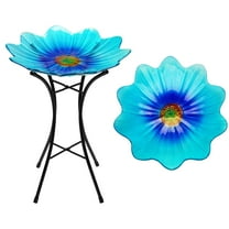 G128 19 Inch Height Glass Bird Baths with Metal Stand | Decorative Blue BirdBaths Bowl Outdoor Garden Bird Feeder
