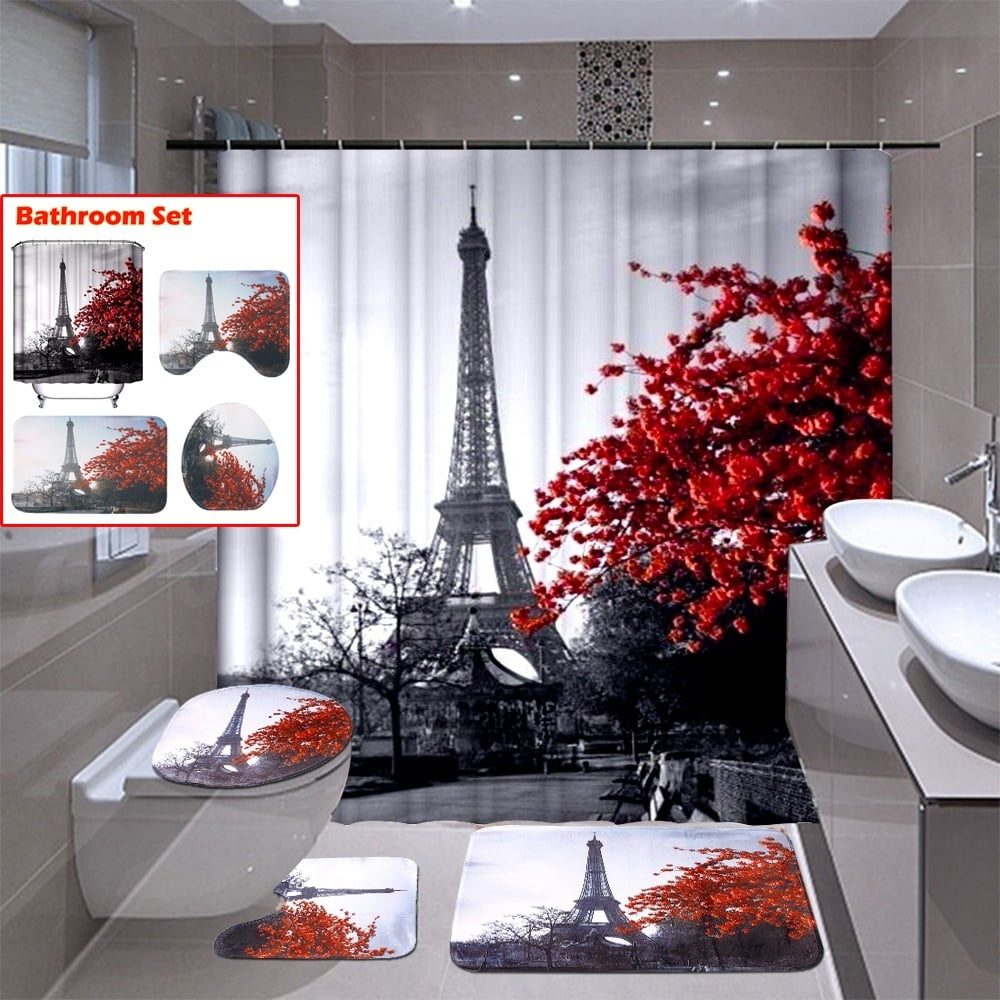 Eiffel Tower NonSlip Door BathMat Toilet Cover Rug Shower Curtain Bathroom Decor