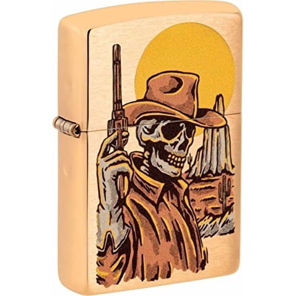 Zippo Lighter - Personalized Custom Message Engraved on Backside Wild West Skeleton Design Brushed Brass #48519
