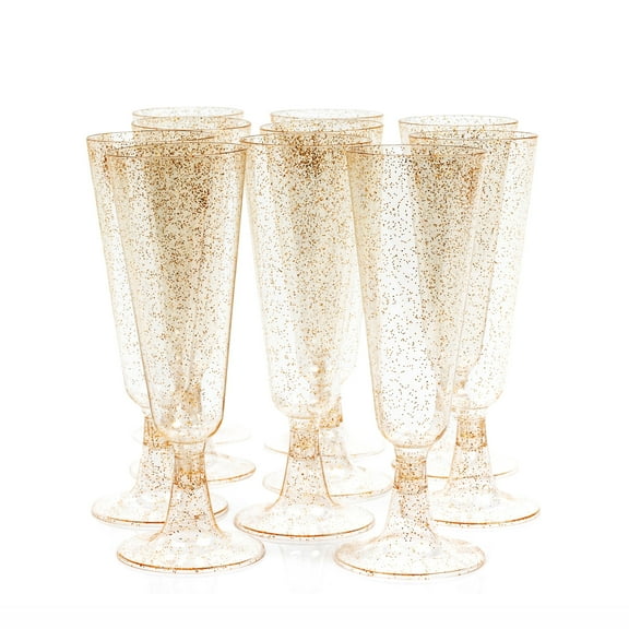 MATANA 5oz Gold Glitter Reusable Plastic Champagne Flutes Set of 50