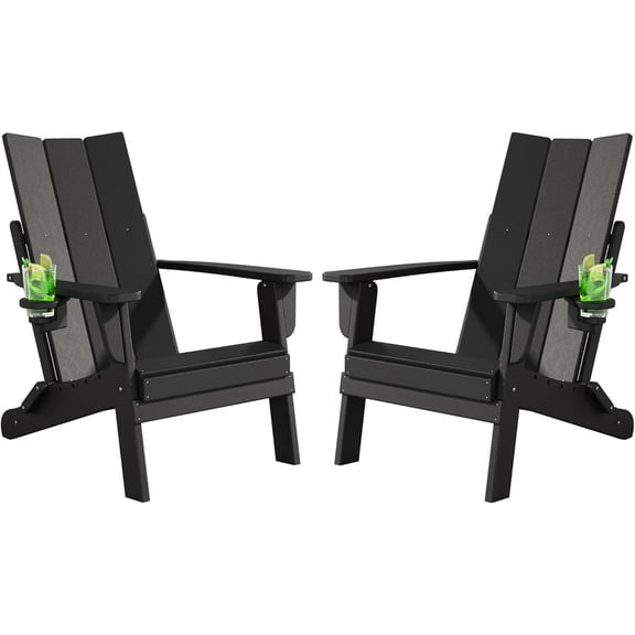Folding Adirondack Chairs Set of 2, All-Weather Resistant HDPE Patio Firepit Chairs, Sturdy Outside Chairs with Cup Holder, Pre-Installed Lawn Chairs Load Capacity 385lb for Backyard, Black