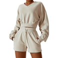 thumbnail image 1 of Women Two Piece Outfits Tracksuit Half Zip Lapel Cap Sleeve Sweatshirt High Waist Drawstring Shorts Set Sweatsuit, 1 of 6