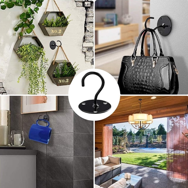 Gancho para plantas, 4 ganchos de pared de metal, para colgar linternas, comederos de pájaros, campanas de viento, macetas, ganchos de luz decorativos (negro) Ormromra