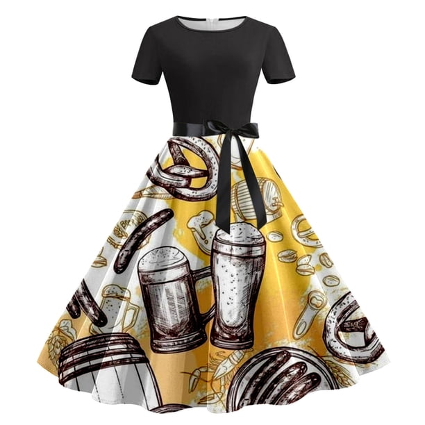 WILLBEST Vestidos para Mujer Vestido Informal de Verano de Manga Corta con Cuello Redondo y Cinturón Extraíble con Estampado de Oktoberfest Extra Grande