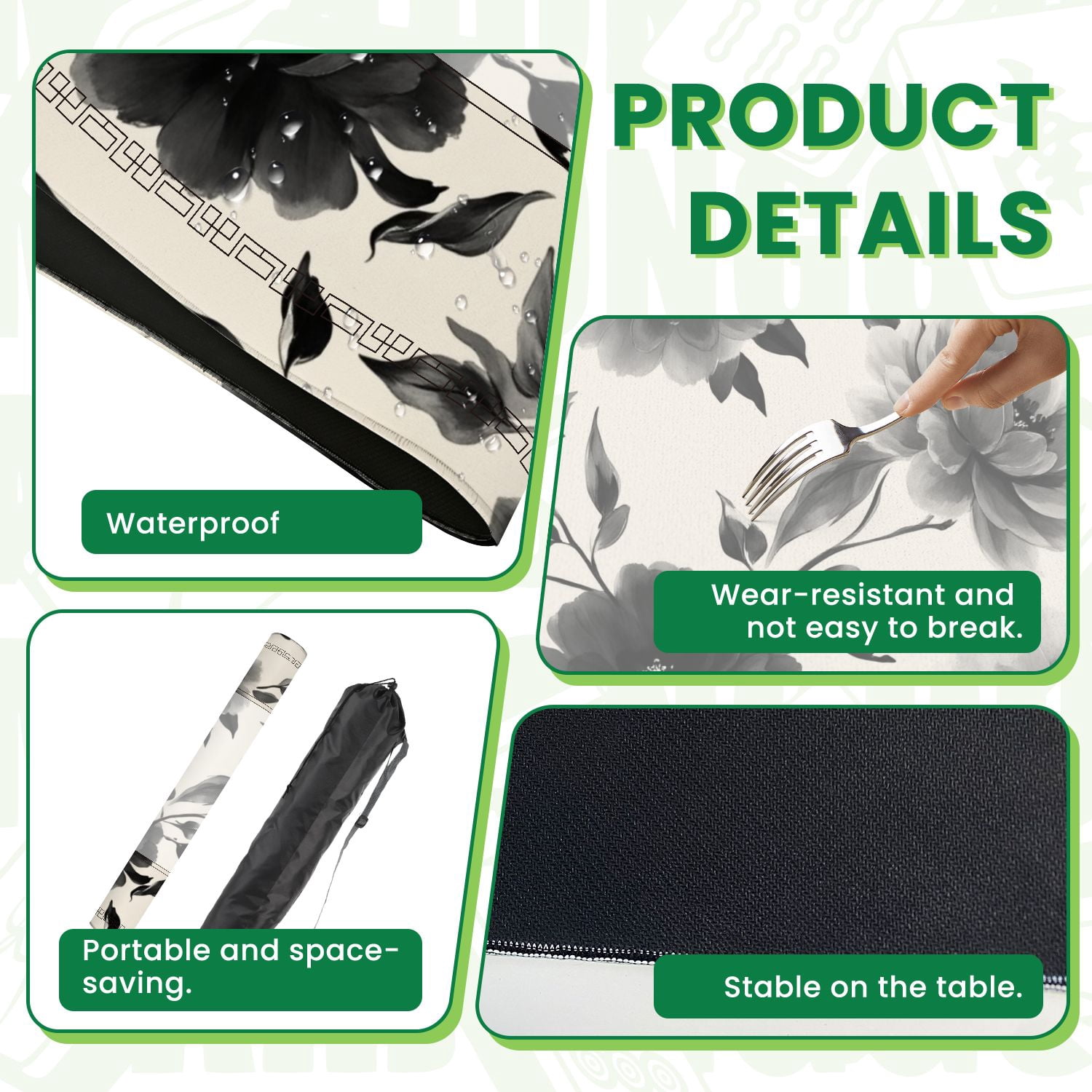 Mahjong Mat 31.5" x 31.5" Seamless black white flowers Hand draw abstract floral Non-Slip Noise Reduction American Mahjong Tiles Table Cover for Dominoes Poker Card Board Games Gift