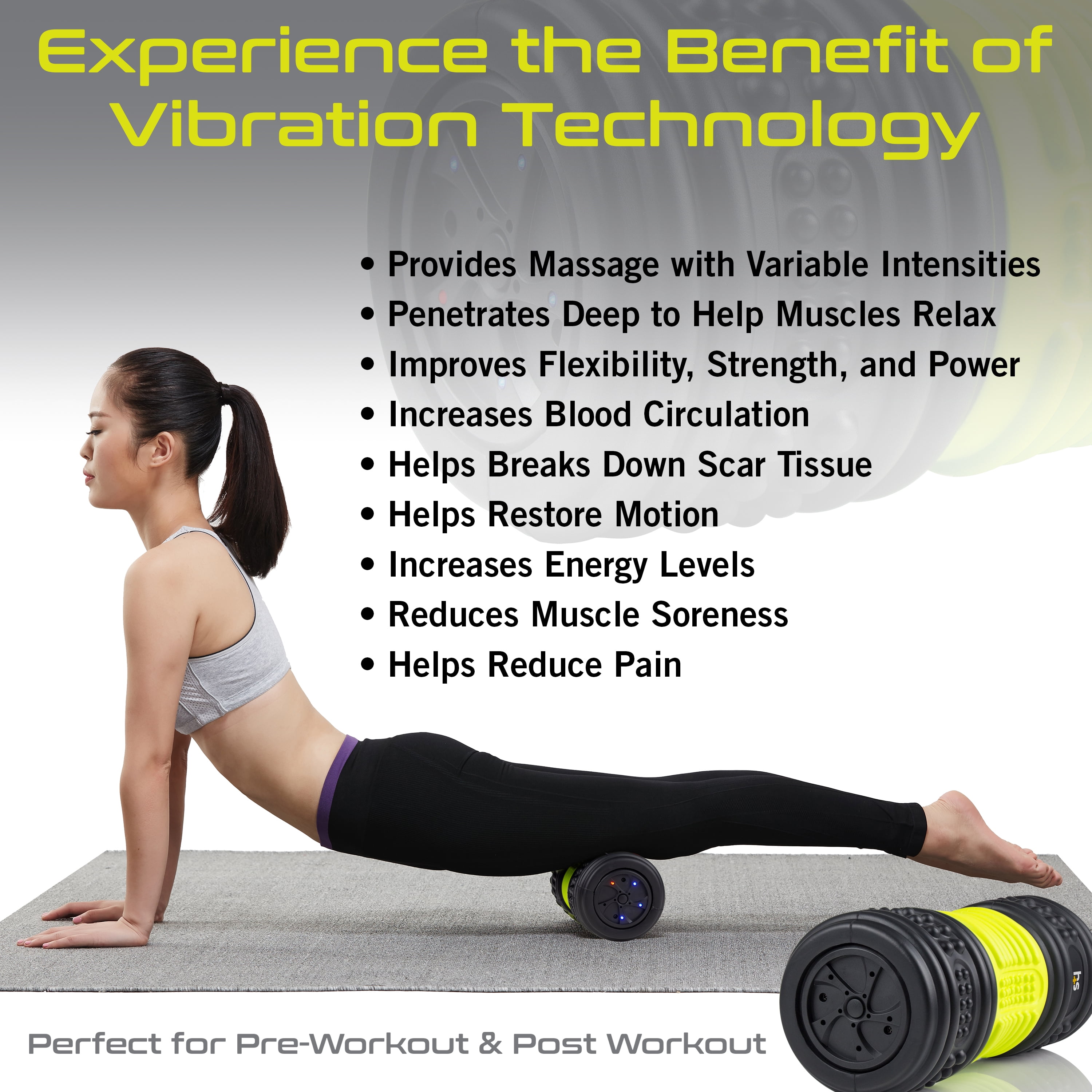 Deep Tissue Trigger Point Massage Therapy Fitness High-Density Vibranting Back Massager High Intensity Vibration for Sports Recovery Kinetic Phase 8-Speed Vibrating Foam Roller with Glute Bands 