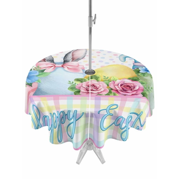 Outdoor Tablecloth with Umbrella Hole and Zipper, Easter Round Table Cloth 54 Inch Waterproof Tablecloth, Spring Colorful Bunny Eggs Flowers Polka Dot Plaid Picnic Table Cover for Patio Camping
