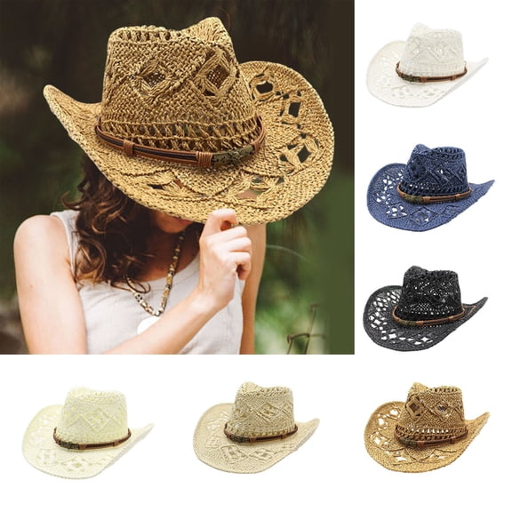 Women's Wide Brim Sun Hat Men Summer Western Cowboy Hat Straw Hat Hollowed Out Visor Cap
