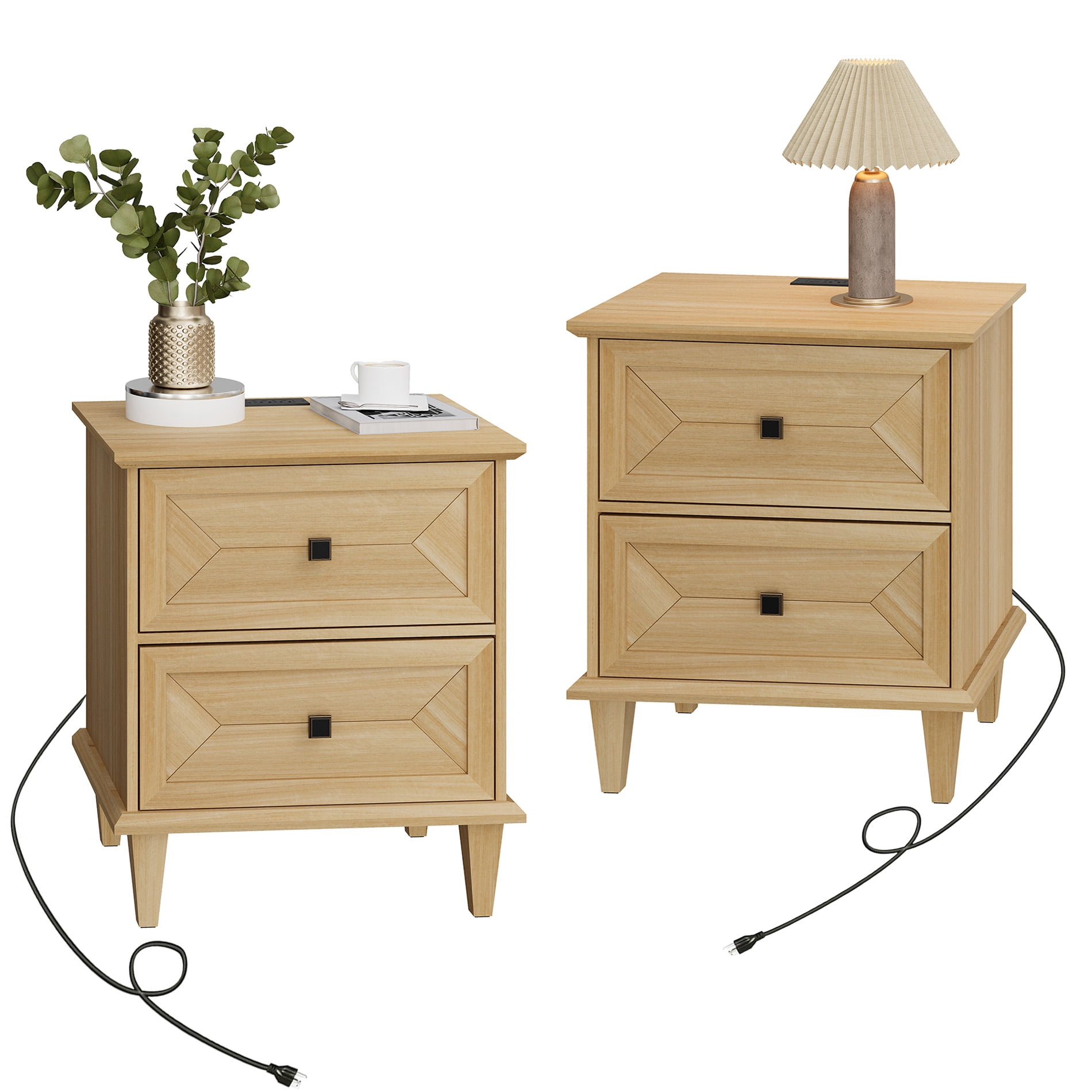 WAMPAT Nightstands Set of 2 with Charging Station, Farmhouse Wood Bedside Tables with Drawers & Solid Wood Legs, Rustic End Side Tables for Living Room, Natural