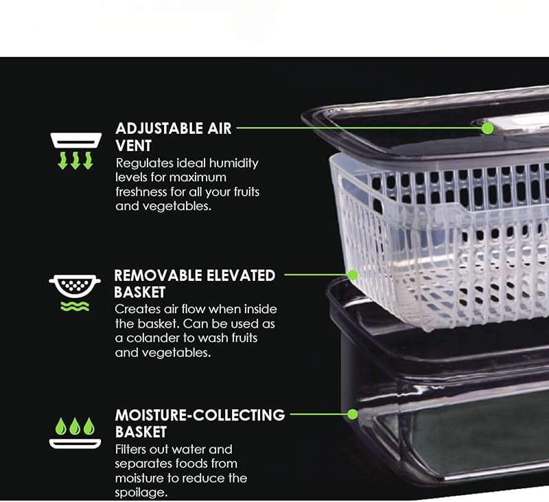Produce Saver - 6.8 Cup/1.6L | Fridge Storage Containers for Fruits and Vegetables | Adjustable Air Vent, Removable Basket | BPA-Free Fridge Organizers