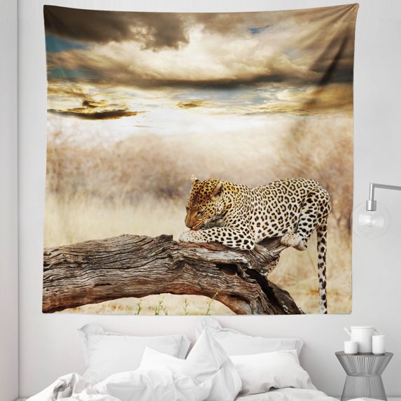 Beige Tapestry, Leopard Resting Dramatic Cloudy Sky Safari Wild Cats Nature Picture, Fabric Wall Hanging Decor for Bedroom Living Room Dorm, 5 Sizes, Beige and Brown, by Ambesonne