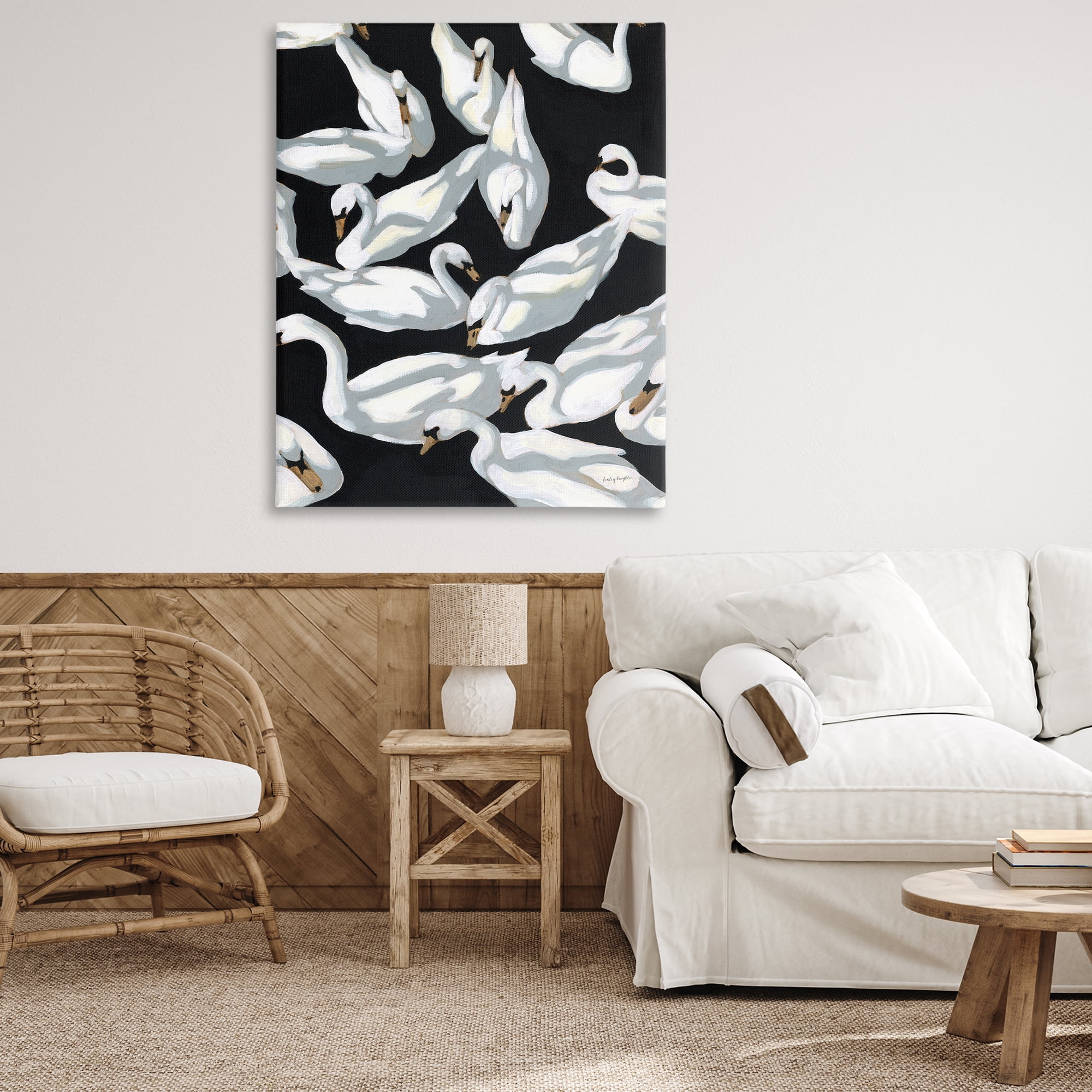 Stupell Industries Overlapping Swans on Black Animals Painting Wrapped Canvas Art Print Wall Art, 36 x 48