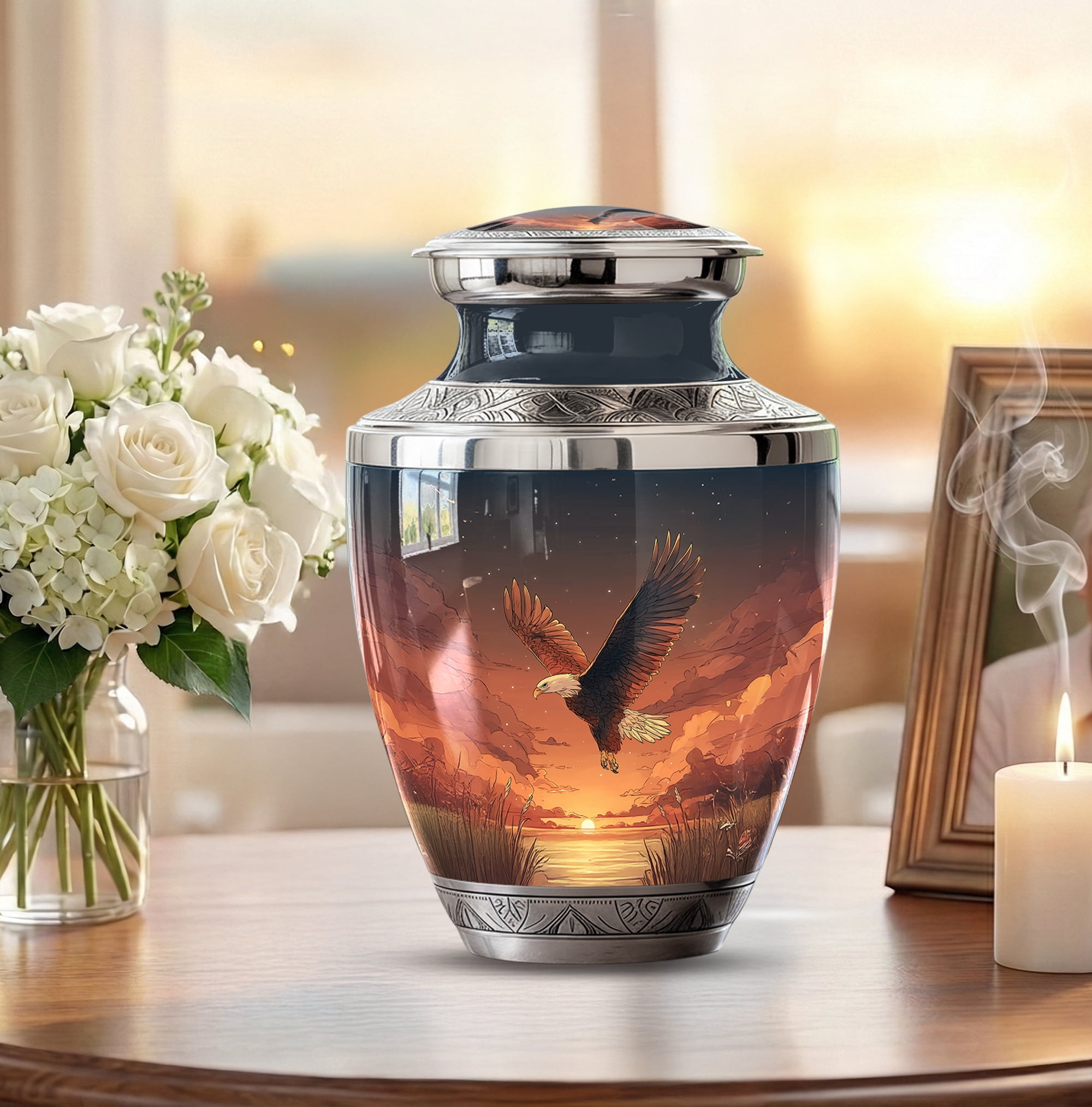 Flying Eagle Urns for Human Ashes Adult Male - 3 Inch Sunset Eagle Cremation Urn - 10 Inch with 4 Mini Keepsake Urns - Large Ash Container Memorial Urn Set