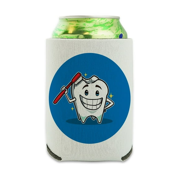 Happy Tooth Toothbrush Dentist Can Cooler - Drink Sleeve Hugger Collapsible Insulator - Beverage Insulated Holder