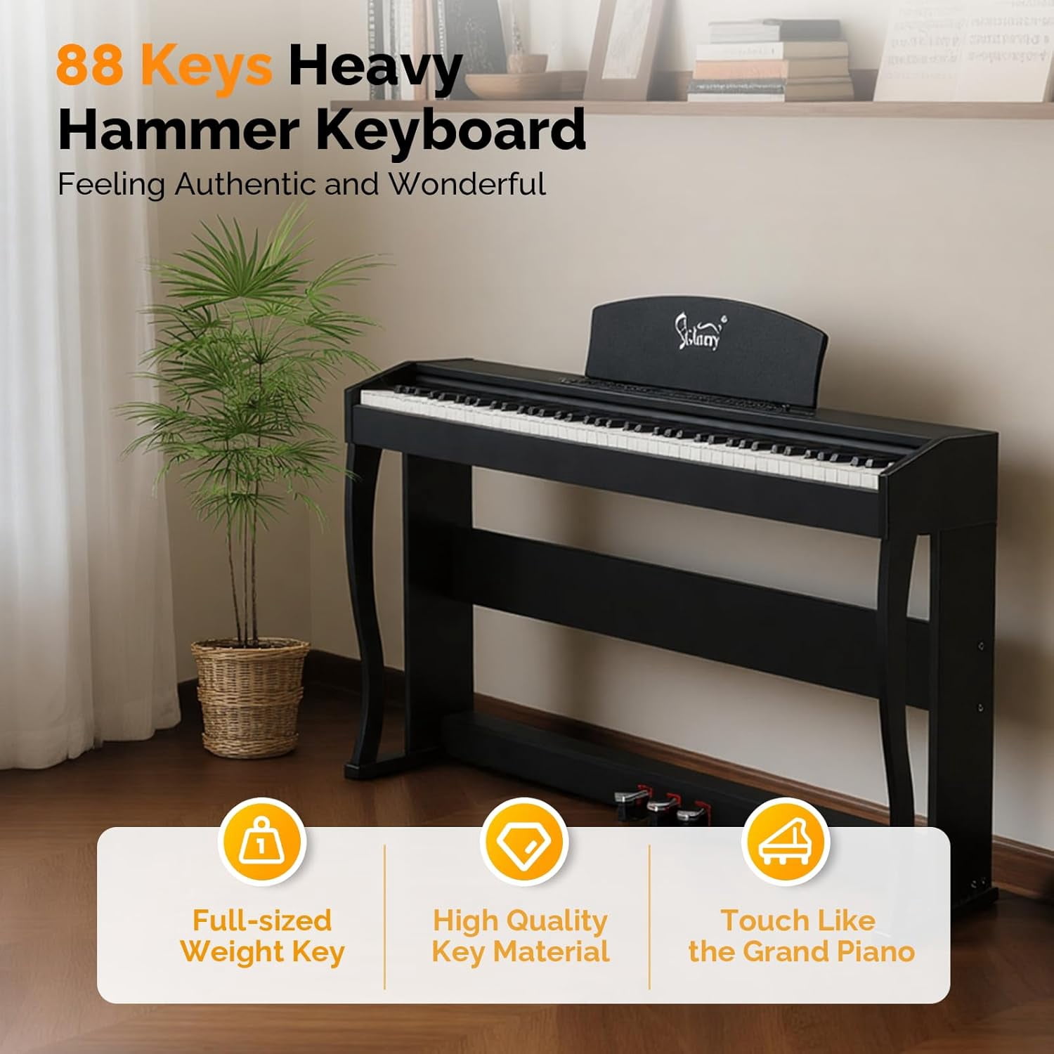 GLARRY Digital Piano 88 Keys Heavy Hammer Keyboard, with LCD Display and Headphone, Triple Pedals, Beginner Friendly, Supports MIDI Connect, Classic Upright Design (Matte Black)