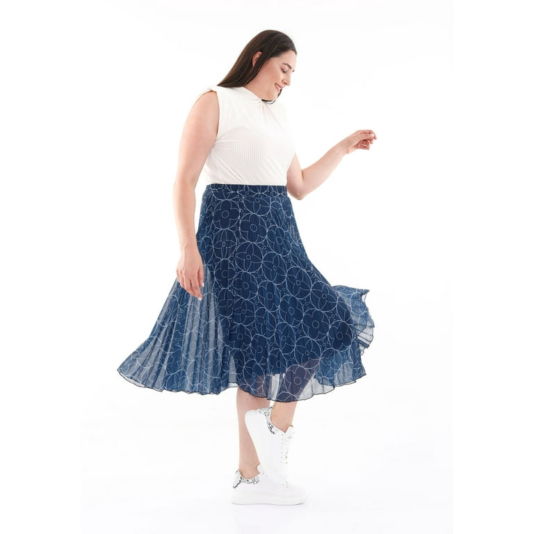 Plus Size Navy Accordion Pleated Floral Chiffon Plisse Midi Skirt