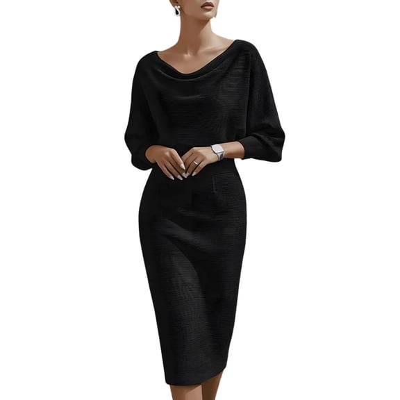 Hvot&aat Elegant Bodycon Dress for Women Drop Neck Batwing Slim Fit Pencil Dresses Solid Color Ribbed Office Formal Evening Gown