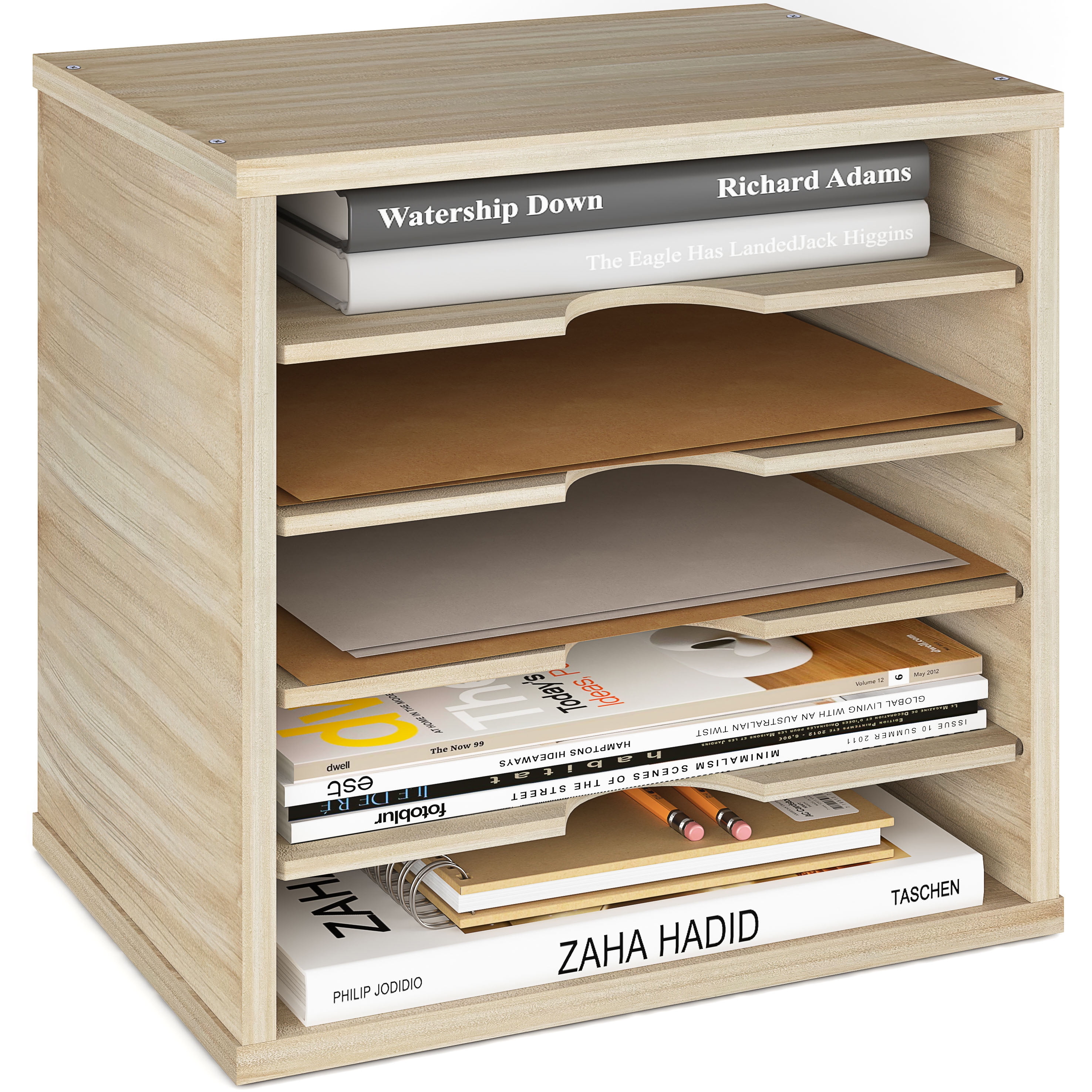 Ballucci 5-Tier Paper Organizer, File Holder, Mail Sorter, Wood Stackable Letter Tray, Brushed Wood