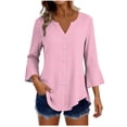 thumbnail image 1 of Craaazy Women's Relaxed Fit V Neck Blouse, Solid Color 3/4 Sleeve Flare Cuff Top, Loose Comfy Button Accent Casual Tee for Spring & Summer Gifts, 1 of 7
