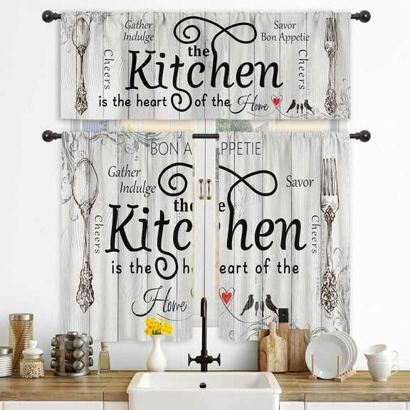 Kitchen Curtains and Valances 3 Piece Set Rod Pocket 36 Inch Short Rustic Black White Farmhouse Country Bedroom Living Room Treatment Fabric