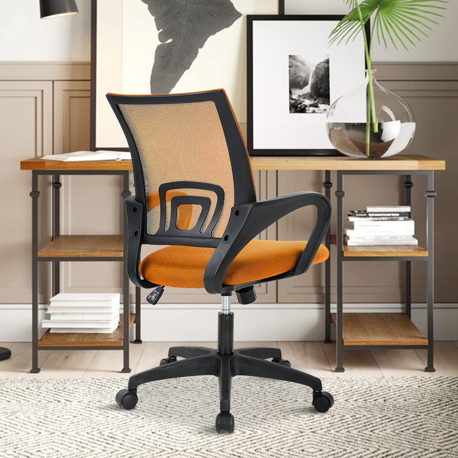 CL.HPAHKL Mesh Computer Desk Chair, Ergonomic Office Chair with Lumbar Support & Armrests Mid Back Swivel Rolling Task Chair for Home Office Study Gaming, Orange
