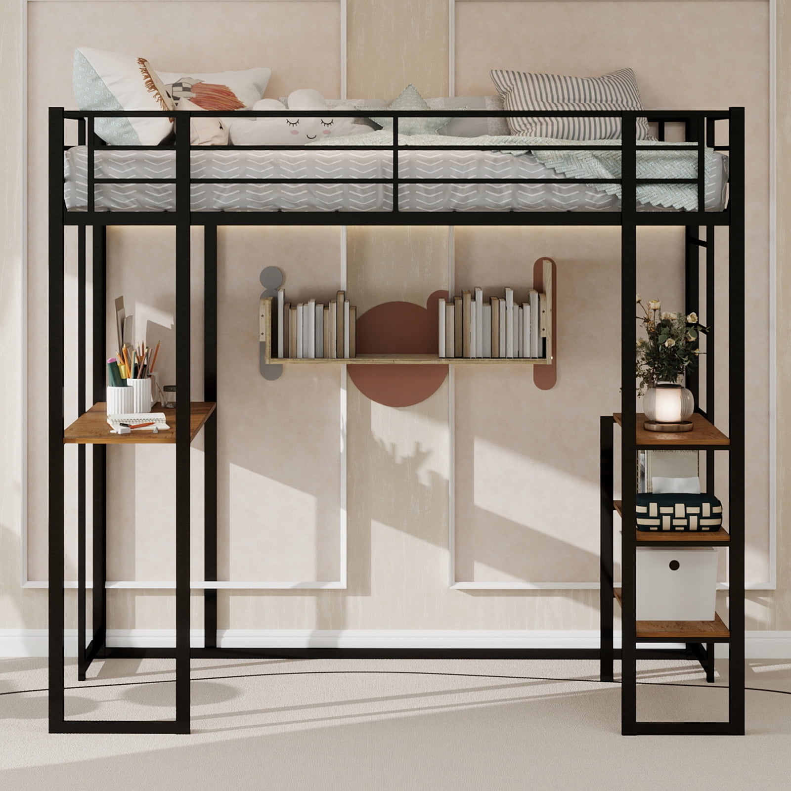 Alvantor Loft Bed Twin Size with Desk, Metal Bed Frame with Open Shelves for Kids/Teens, No Box Spring Needed Black