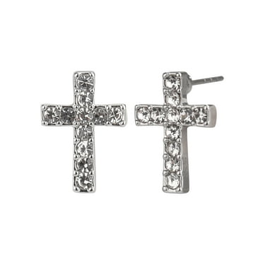 Time and Tru Adult Women's Silver Tone Crystal Cross Post Metal Earring