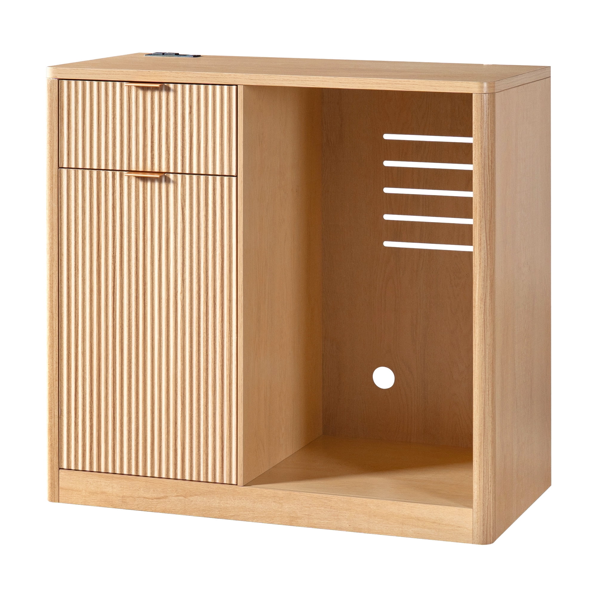 Homy Casa 39.4" Fluted Kitchen Island Cabinet with Power Outlet, Mini Fridge Space, Natural Oak