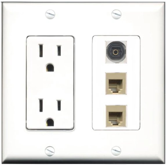 RiteAV - 15 Amp Power Outlet 2 Port Phone Beige 1 Port Toslink Decorative Wall Plate