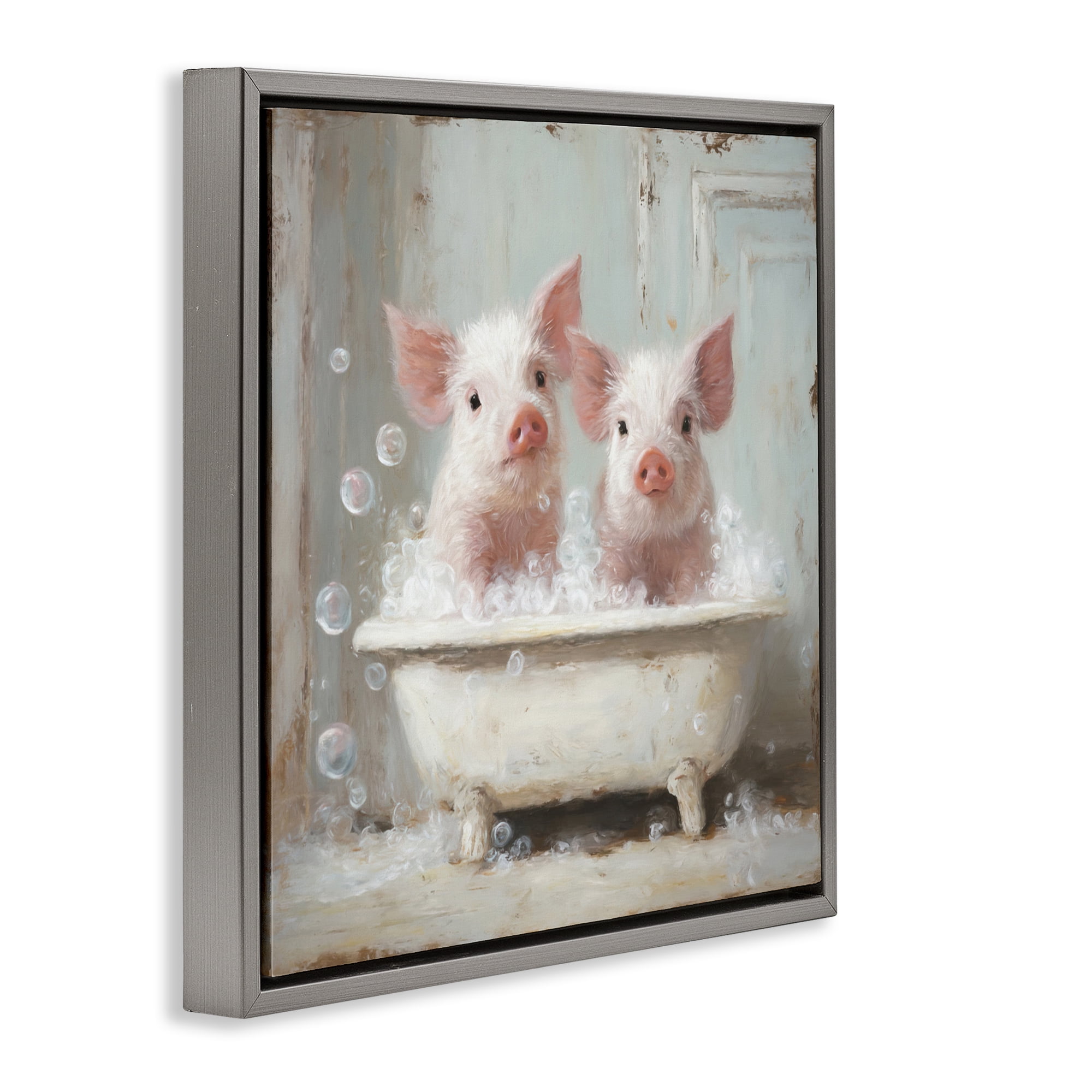 Stupell Industries Piglet Bubble Bath Gray Framed Floater Canvas Wall Art, design by Tina LeCour