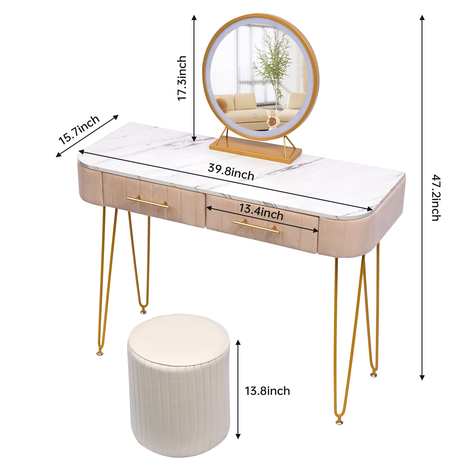 Resenkos Makeup Vanity Desk with Round Mirror and LED Lights for Bedroom, 40" Dressing Table Dresser Stool Resenkos Makeup Vanity Desk with Round Mirror and LED Lights for Bedroom, 40" Dressing Table Dresser Stool