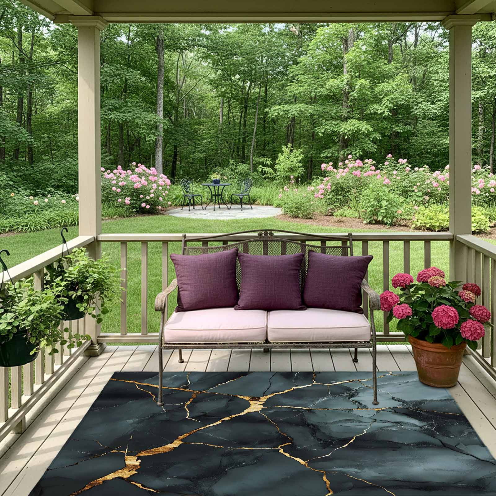 Outdoor Rug 5x8ft Blue Marble Large Area Rug Golden Ripple Indoor Outdoor Carpet Outdoor Rugs Mats for Patio Camping,RV,Front Door, Outside Decor