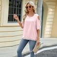 thumbnail image 4 of ICHUANYI Womens Spring And Summer Off The Shoulder Crew Neck Lace Patchwork 3/4 Sleeve Loose Tops Cloth New Trending, 4 of 8