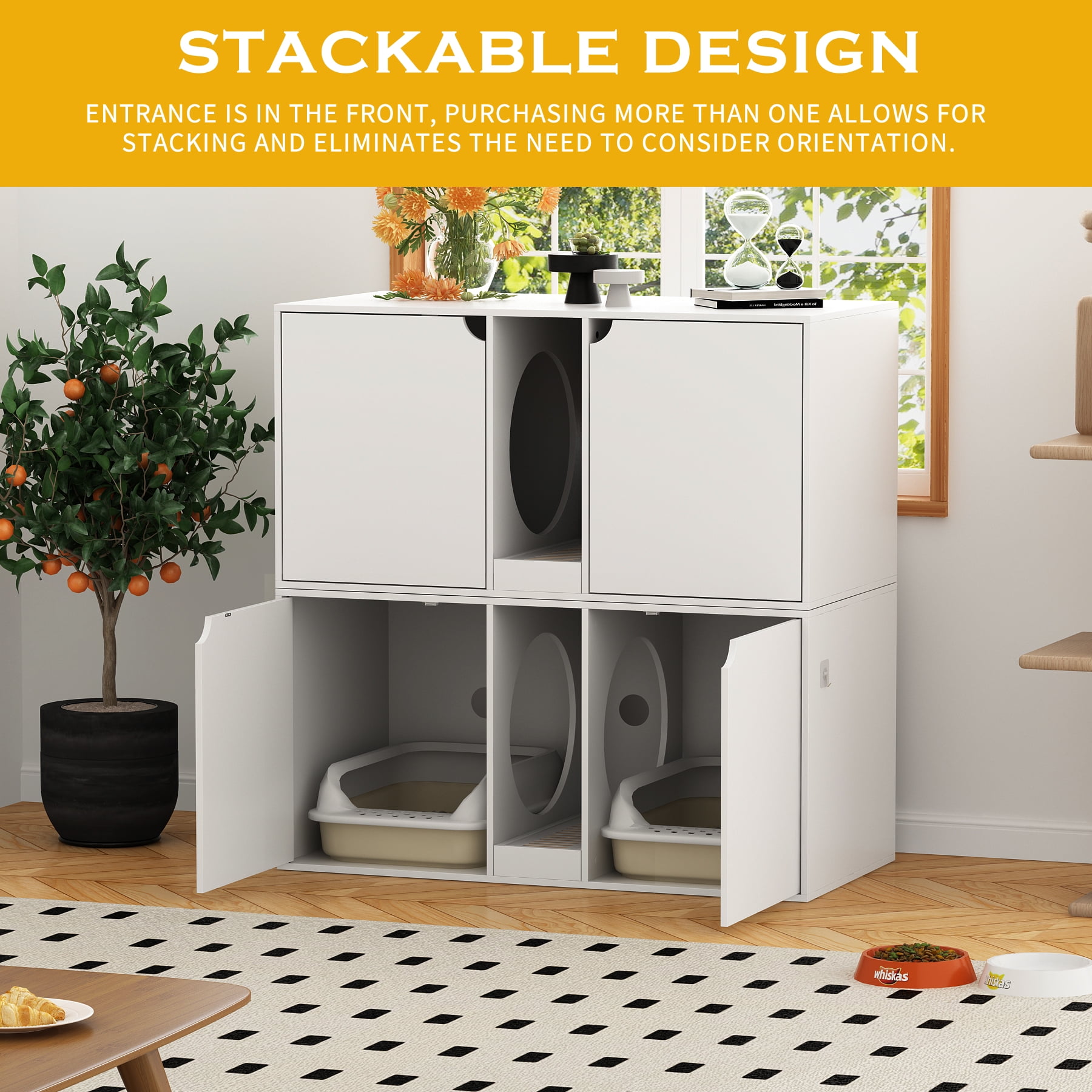 NARTRU 47.2 Wooden Large Double Cat Litter Box Enclosure Furniture Cabinet Washroom with Litter Filter for 2 Cats White