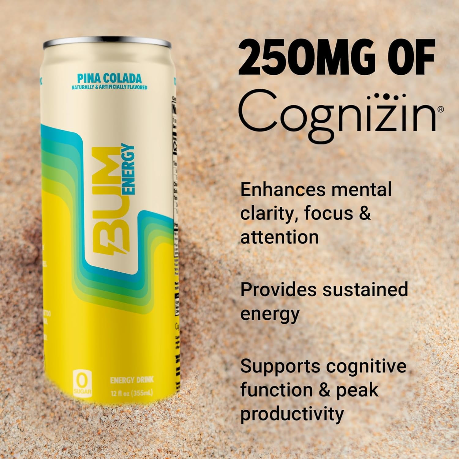 BUM Sugar-Free Energy Drink, Pina Colada - Lightly Carbonated & No Artificial Colors, Natural Caffeine & Citicoline for Energy & Focus, Brain Boost & Workout Sports Beverage - 12 oz, Pack of 12