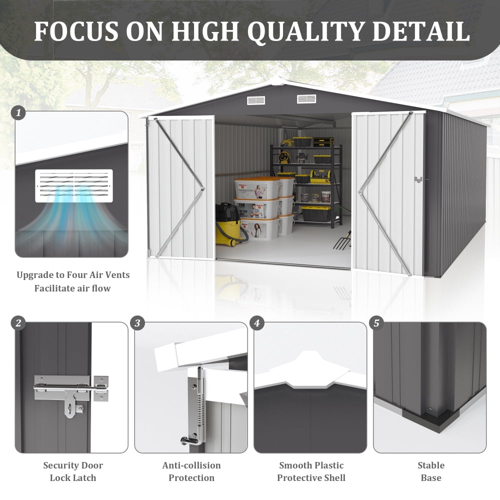 10x14 FT Metal Storage Shed with 2 Lockable Doors & 4 Vents, Sloped Roof Outdoor Garden Shed for Backyard & Patio，dark Grey