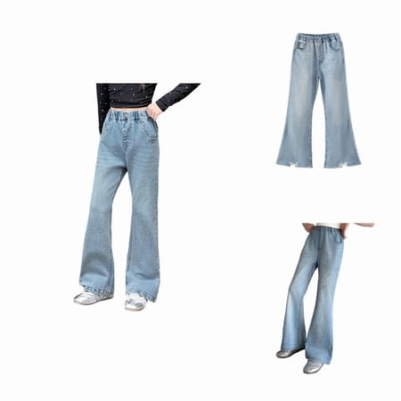 XEGLSBU Girl s Jeans Flared Trousers Elastic Waist Pants Trousers Jeans Denim Pants for Girls Light Blue-1 Size 13-14 Years